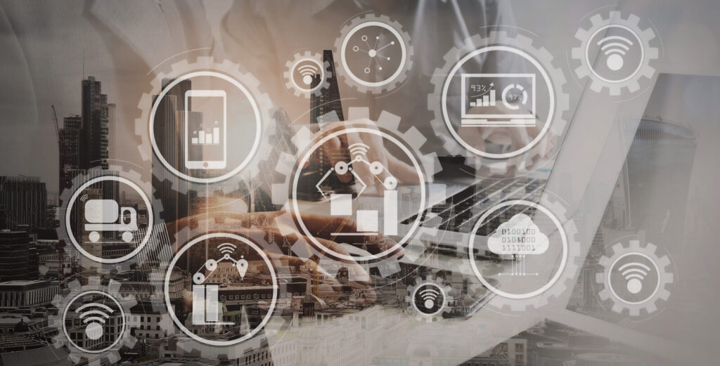 smart factory and industry 4.0 and connected production robots exchanging data with internet of things