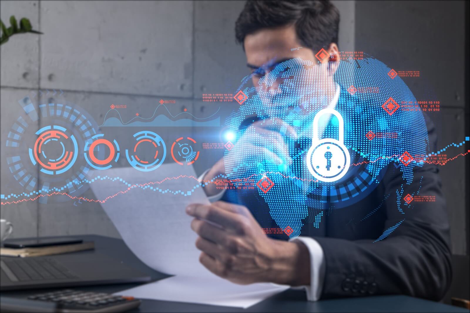 Man in office think and dream datum financial security lock drawing concept