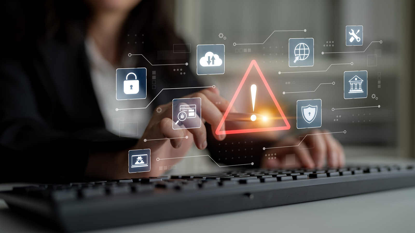 alert symbol in digital system network reflecting AI threat, virus