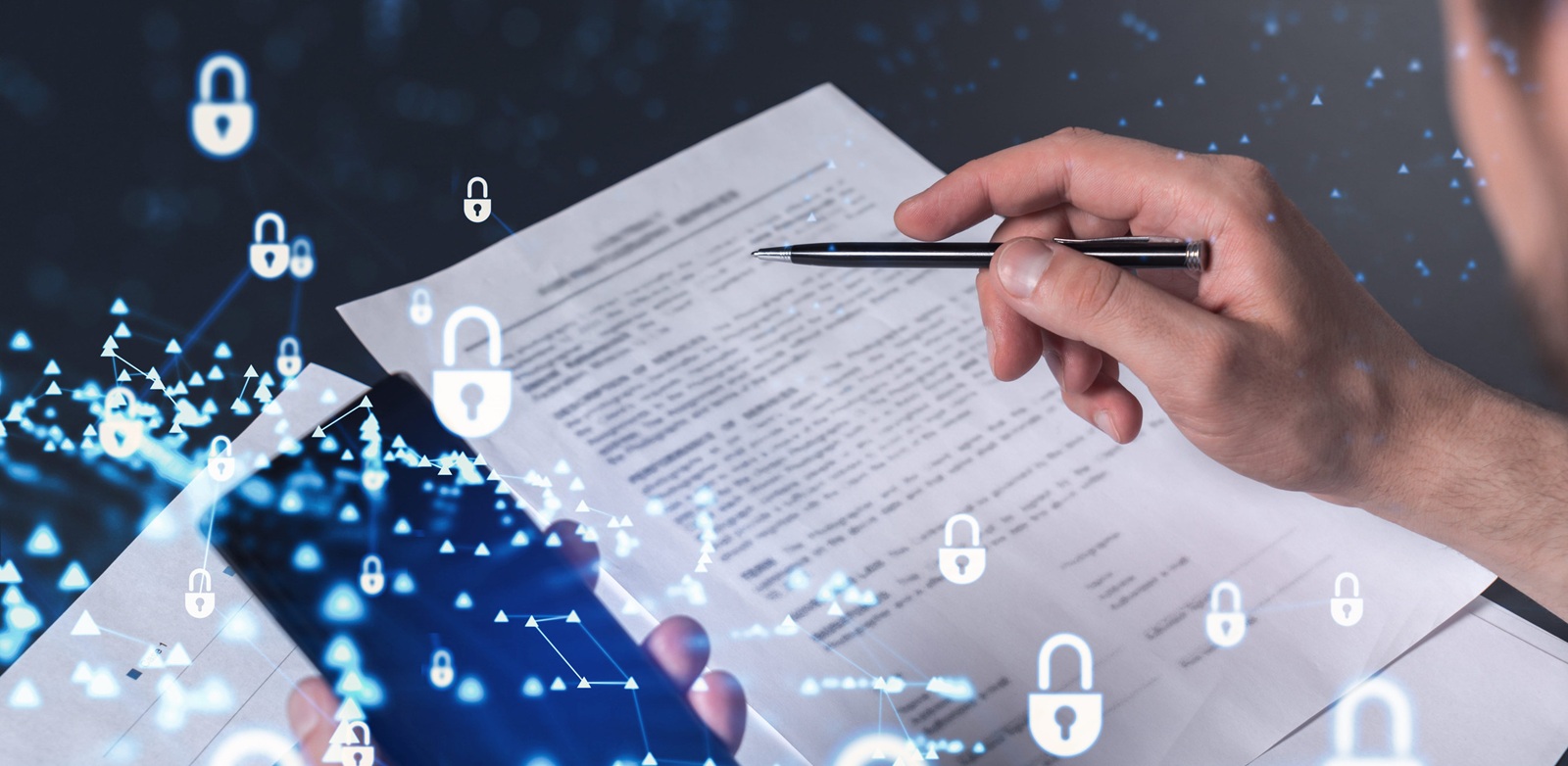 businessman in casual wear signing the contract to prevent probability of risks in cyber security