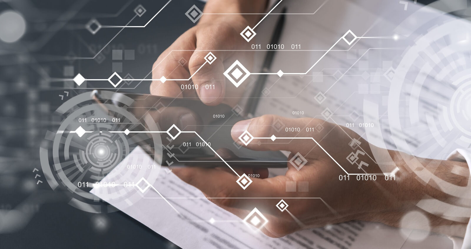 businessman search for new opportunities, in technology business, typing smart phone background