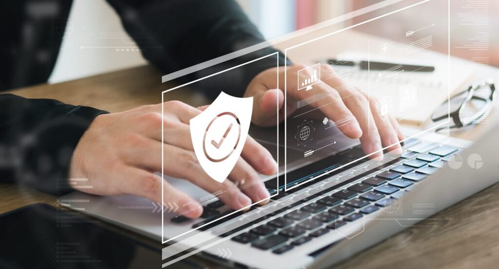 cybersecurity concept Global network security technology, business people protect personal information