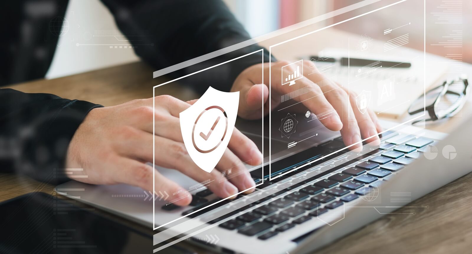 cybersecurity concept Global network security technology, business people protect personal information