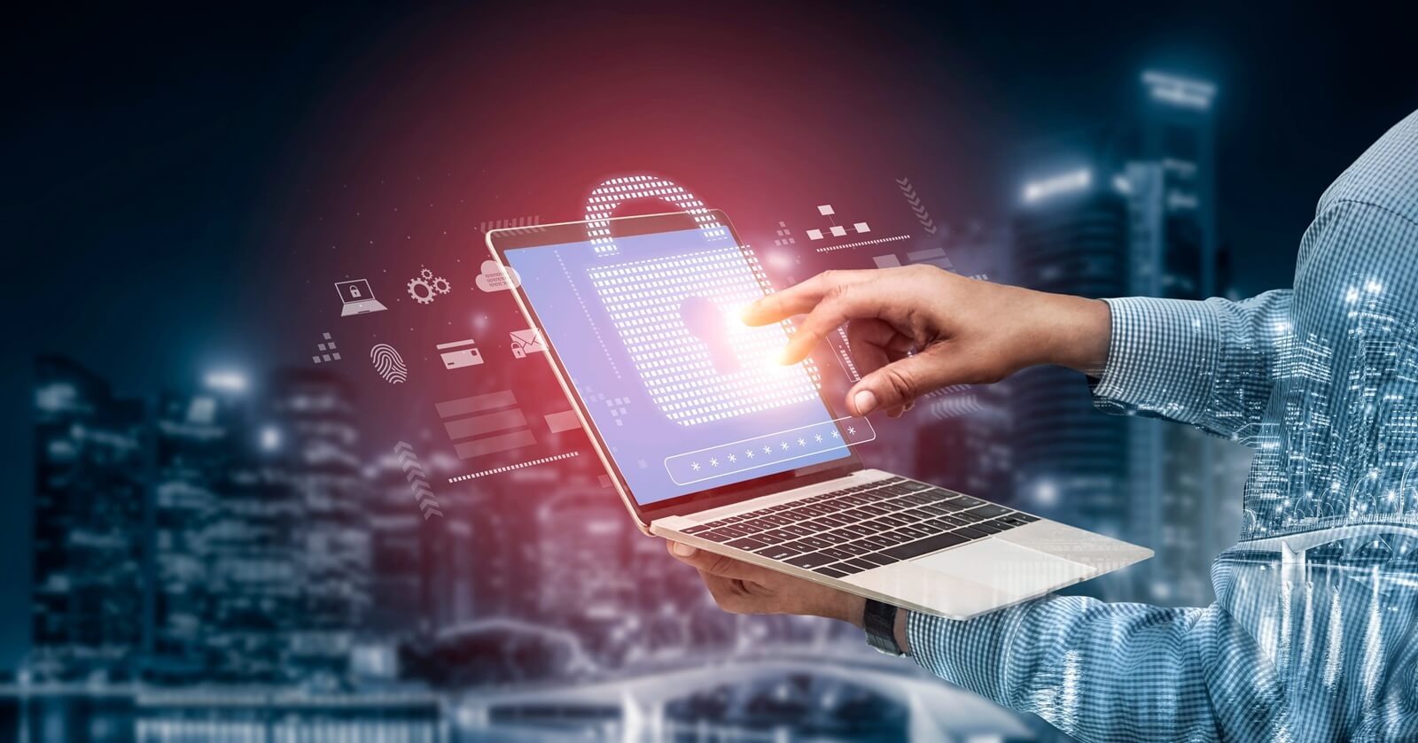 cybersecurity protection system showing password encryption, fingerprint ID, cloud security, email, credit card
