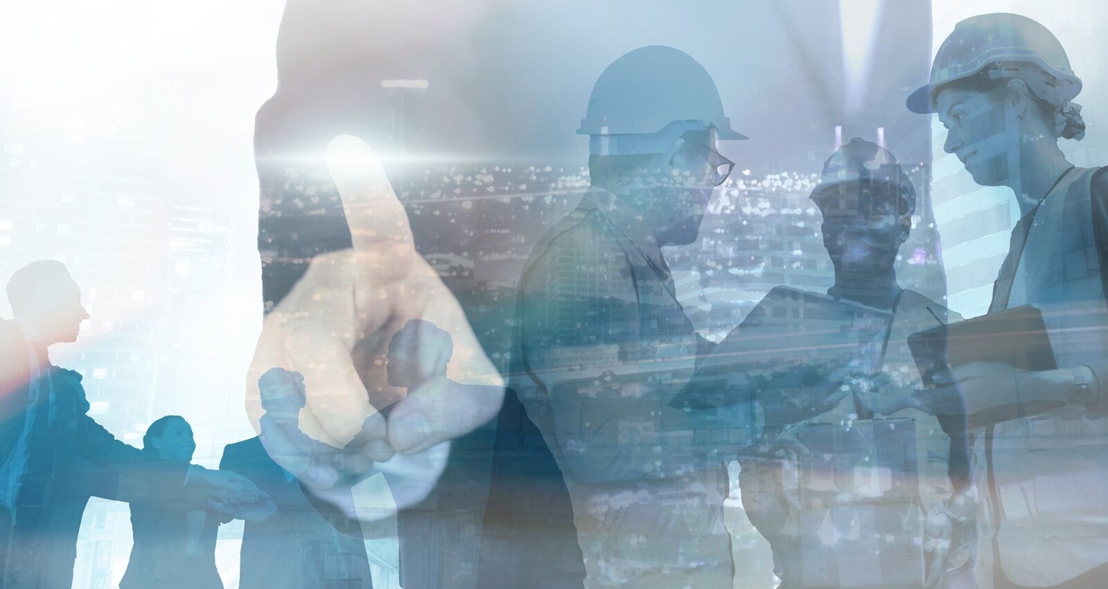dynamic team of construction professionals collaborates under the glow of city lights