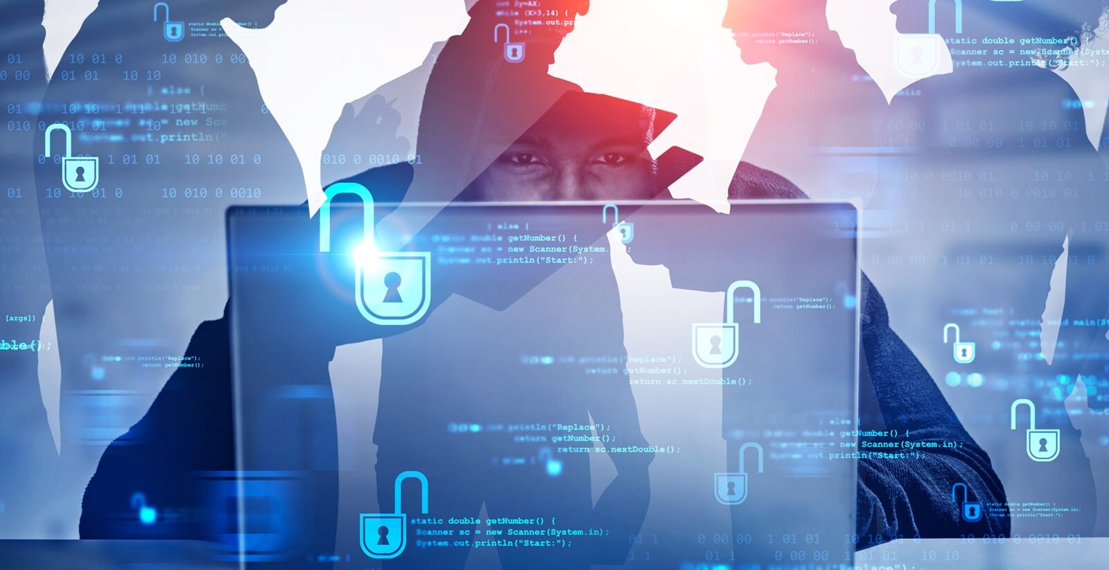 hacker using laptop with double exposure of business people silhouettes and blurry cyber security interface