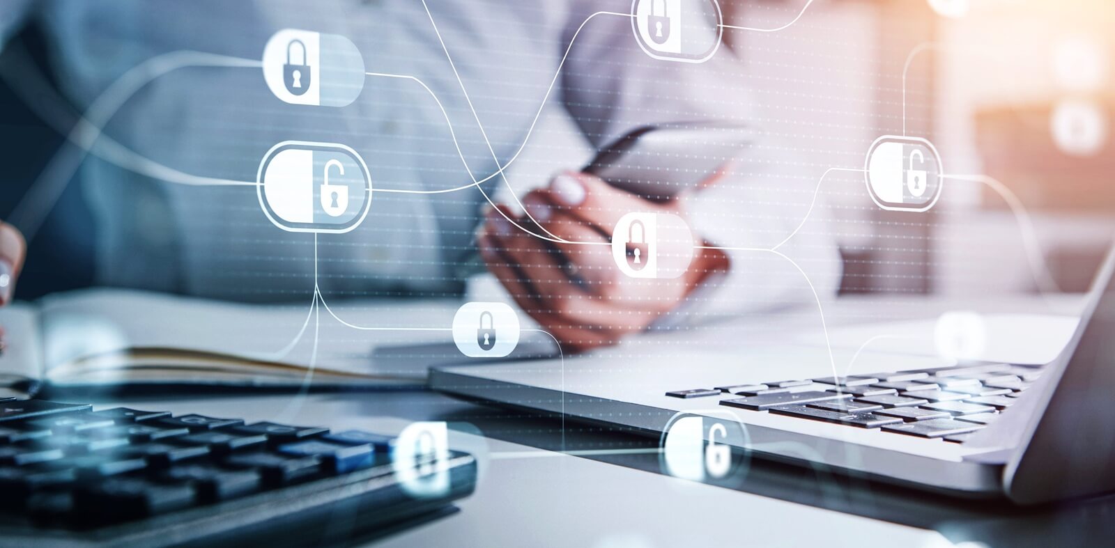 man hand using smartphone with touch screen, blue glowing information protection padlock icons