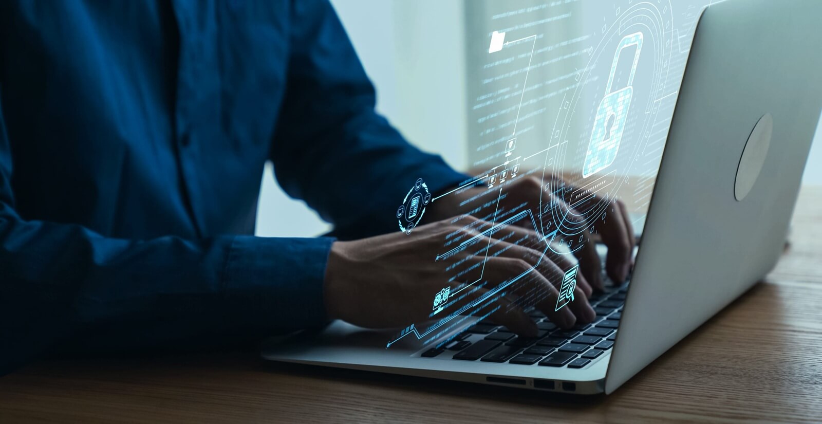 modern business professional working on laptop with futuristic digital interface illustrating technology