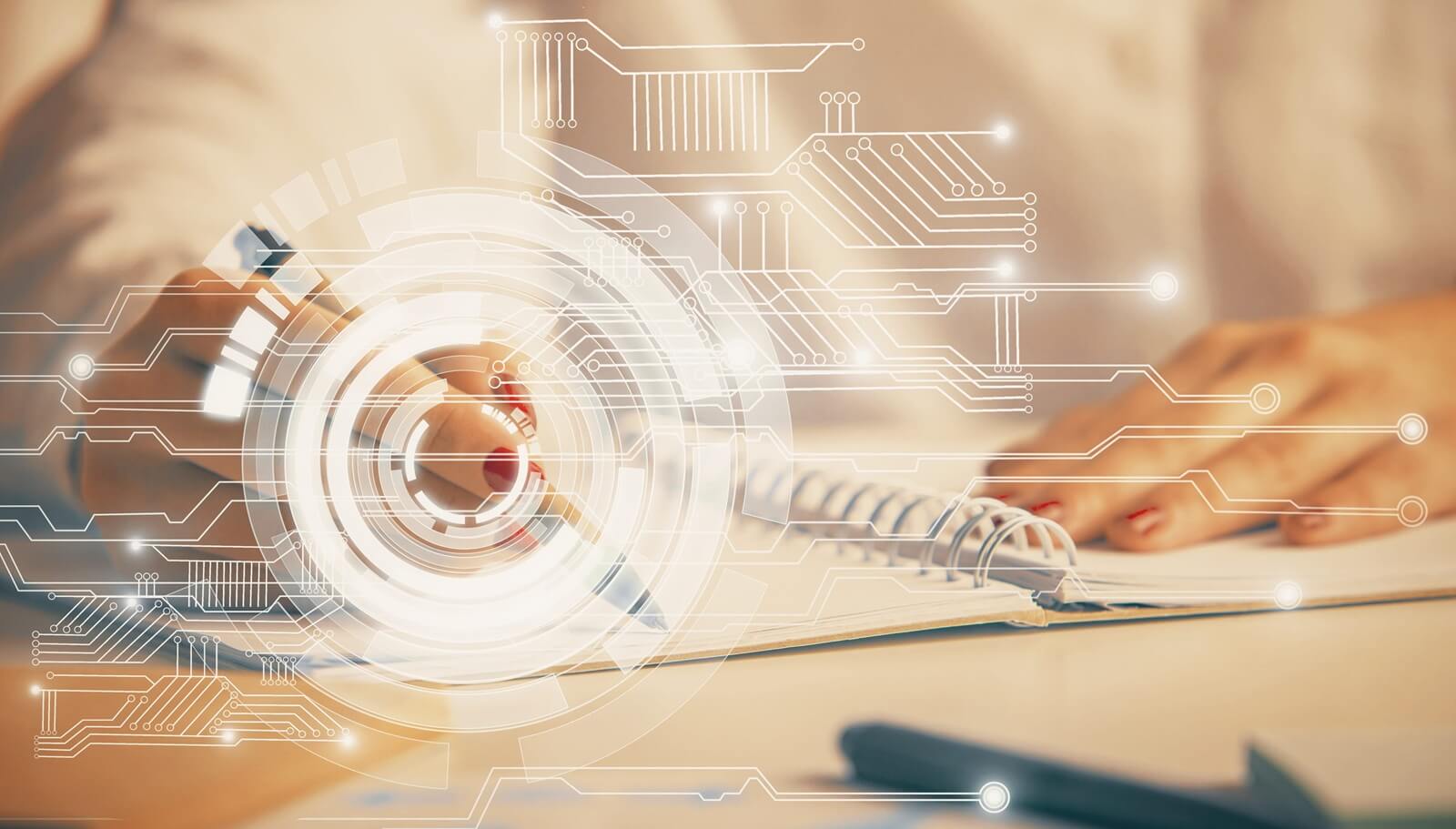 multi exposure of woman's writing hand on background with data technology hologram