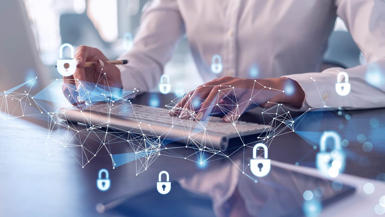 programmer is typing a code on computer to protect a cyber security from hacker attacks and save clients confidential data