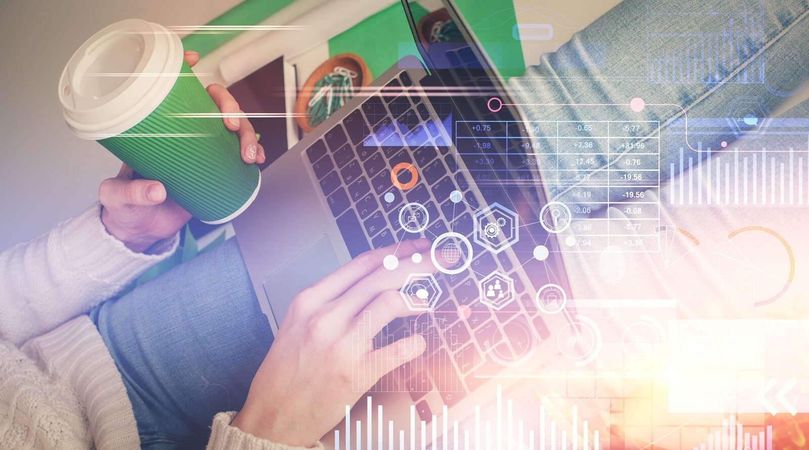 woman hands working on computer and data theme hologram drawing