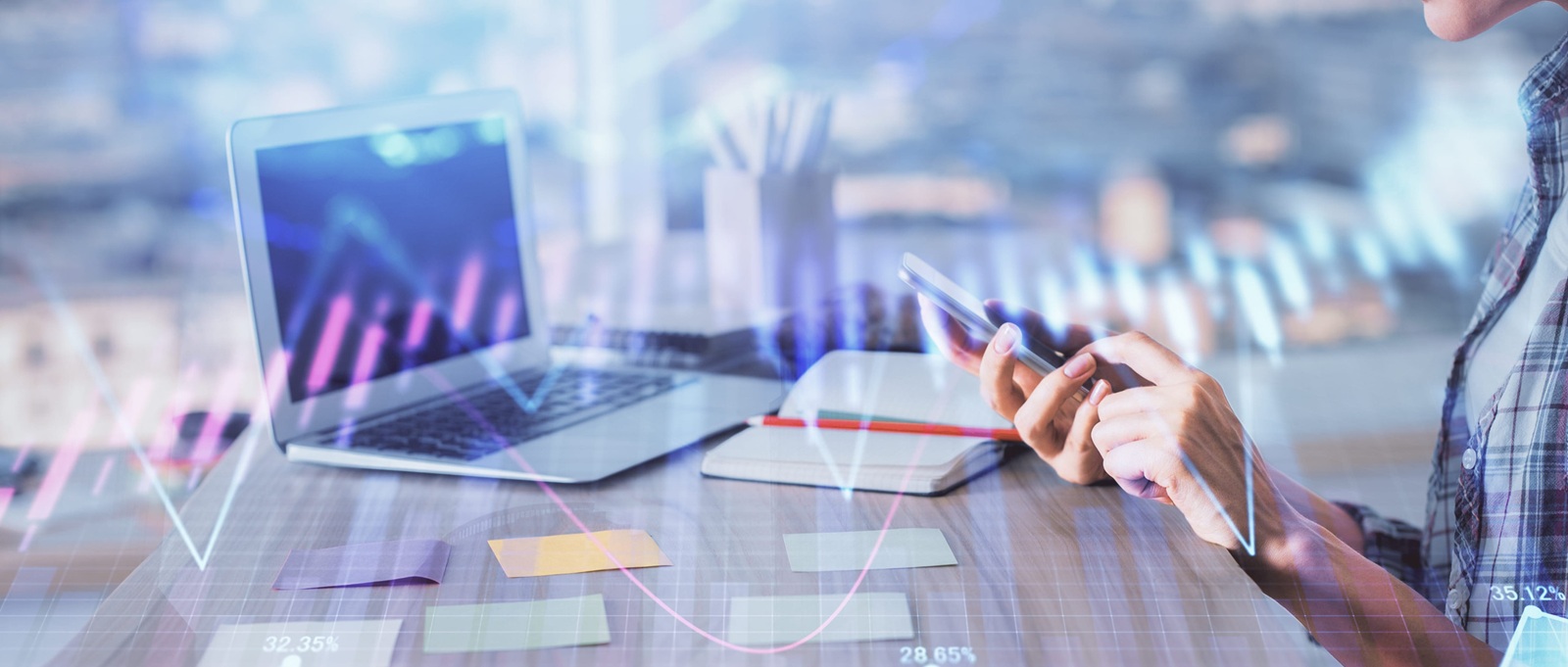 woman hands working on computer and forex graph hologram drawing