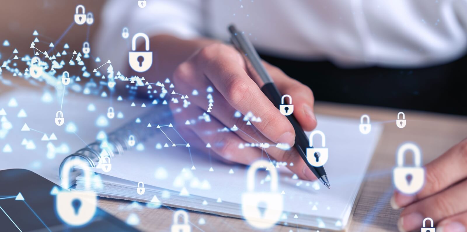 woman is taking notes of clients needs to protect cyber security from hacker attacks and save clients confidential data