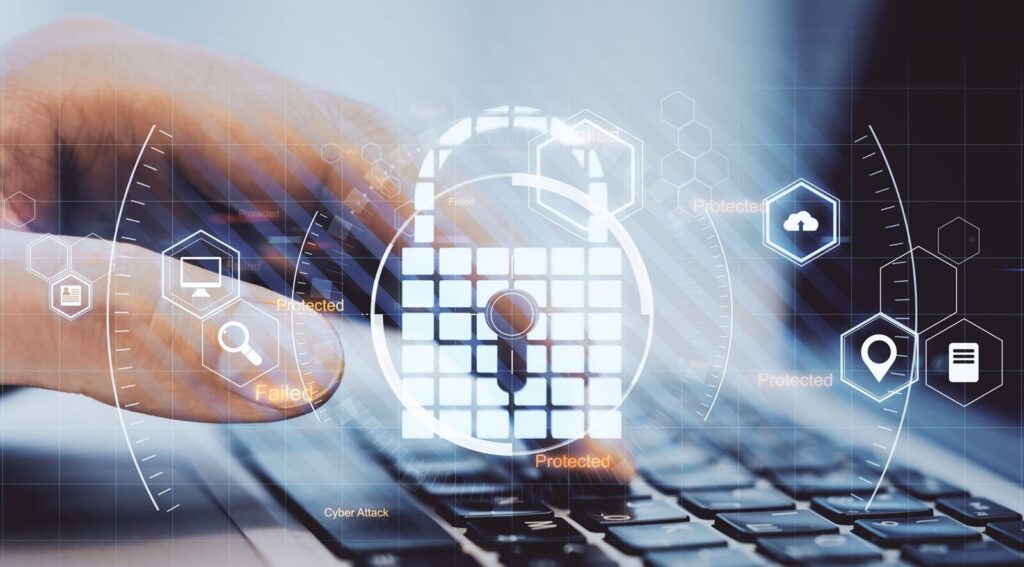 Data protection and cyber security concept with virtual lock symbol surrounded by technological icons on man hand typing on keyboard background
