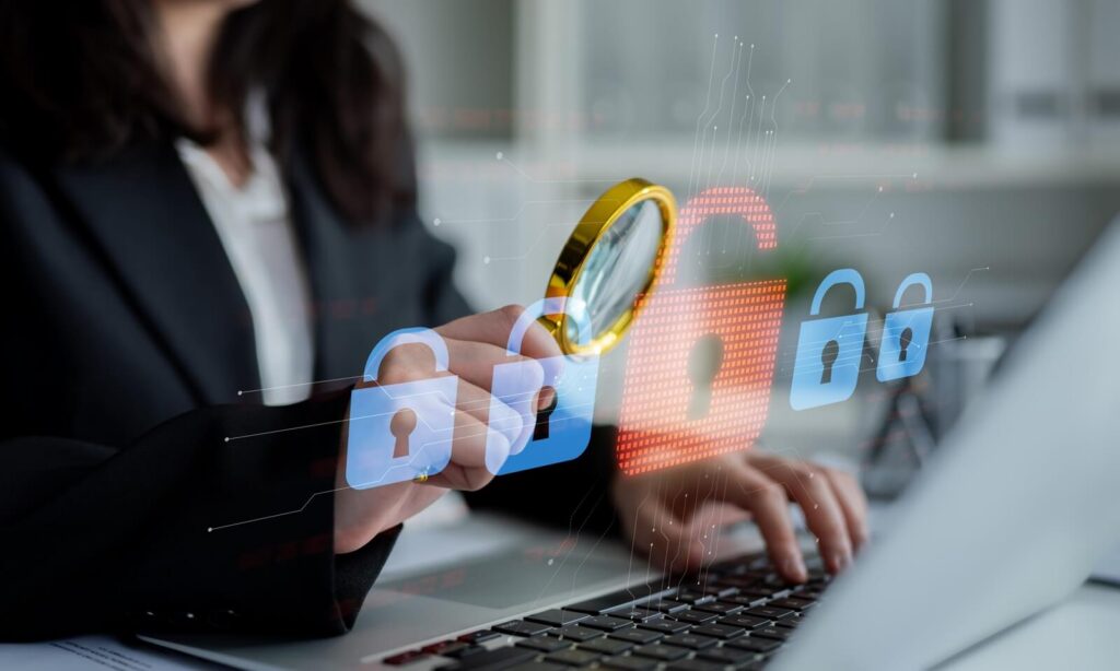 Digital security concept illustrating a cybersecurity breach, with a red unlocked padlock indicating data exposure among secure systems