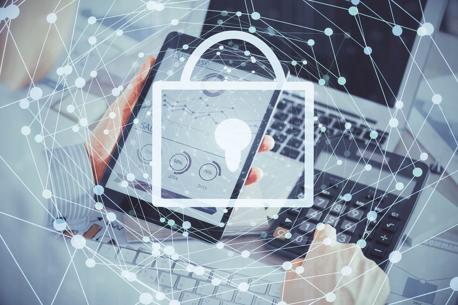 Multi exposure of man's hands holding and using a digital device and lock drawing
