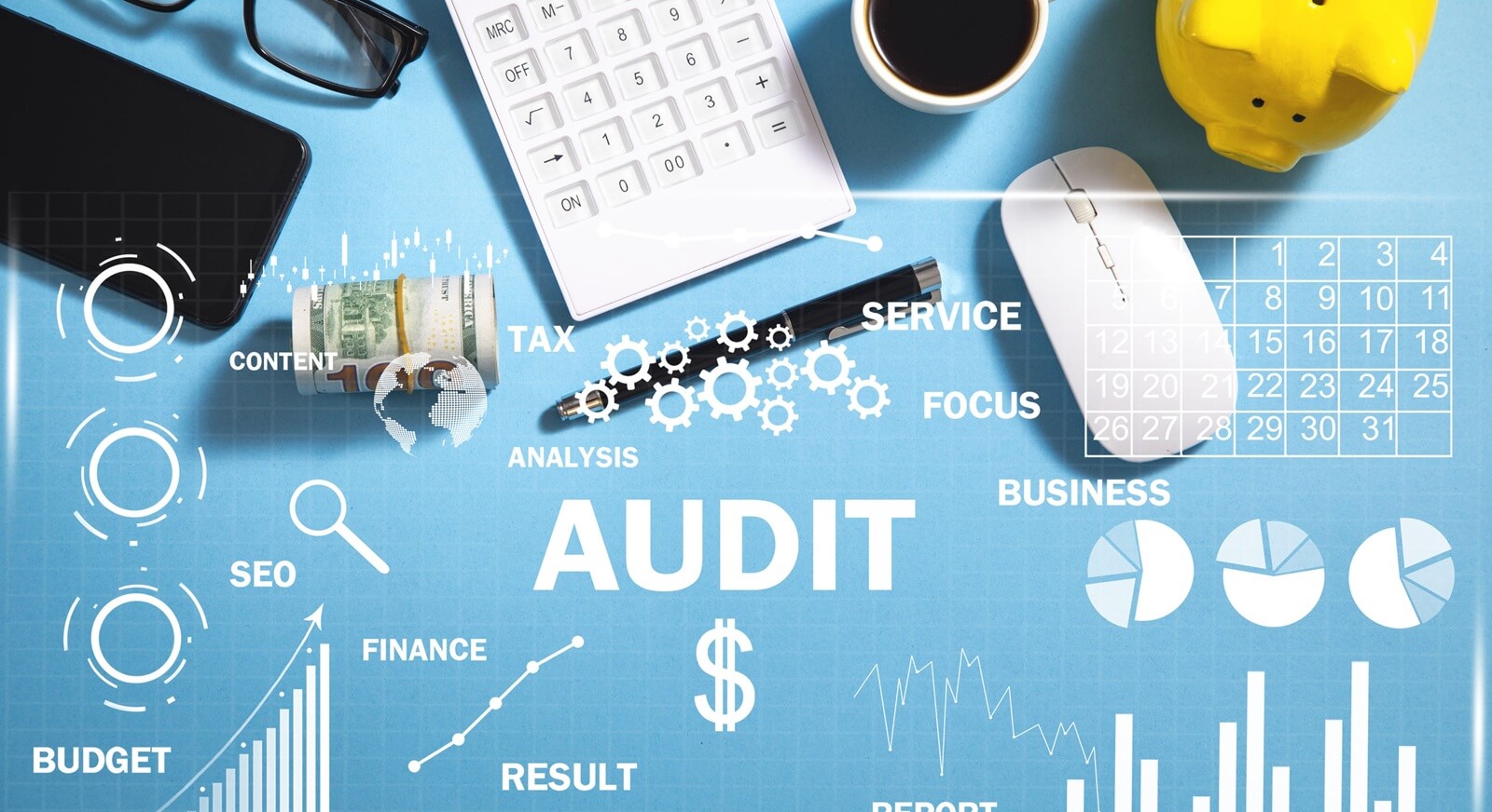 business charts, objects, graphs and words