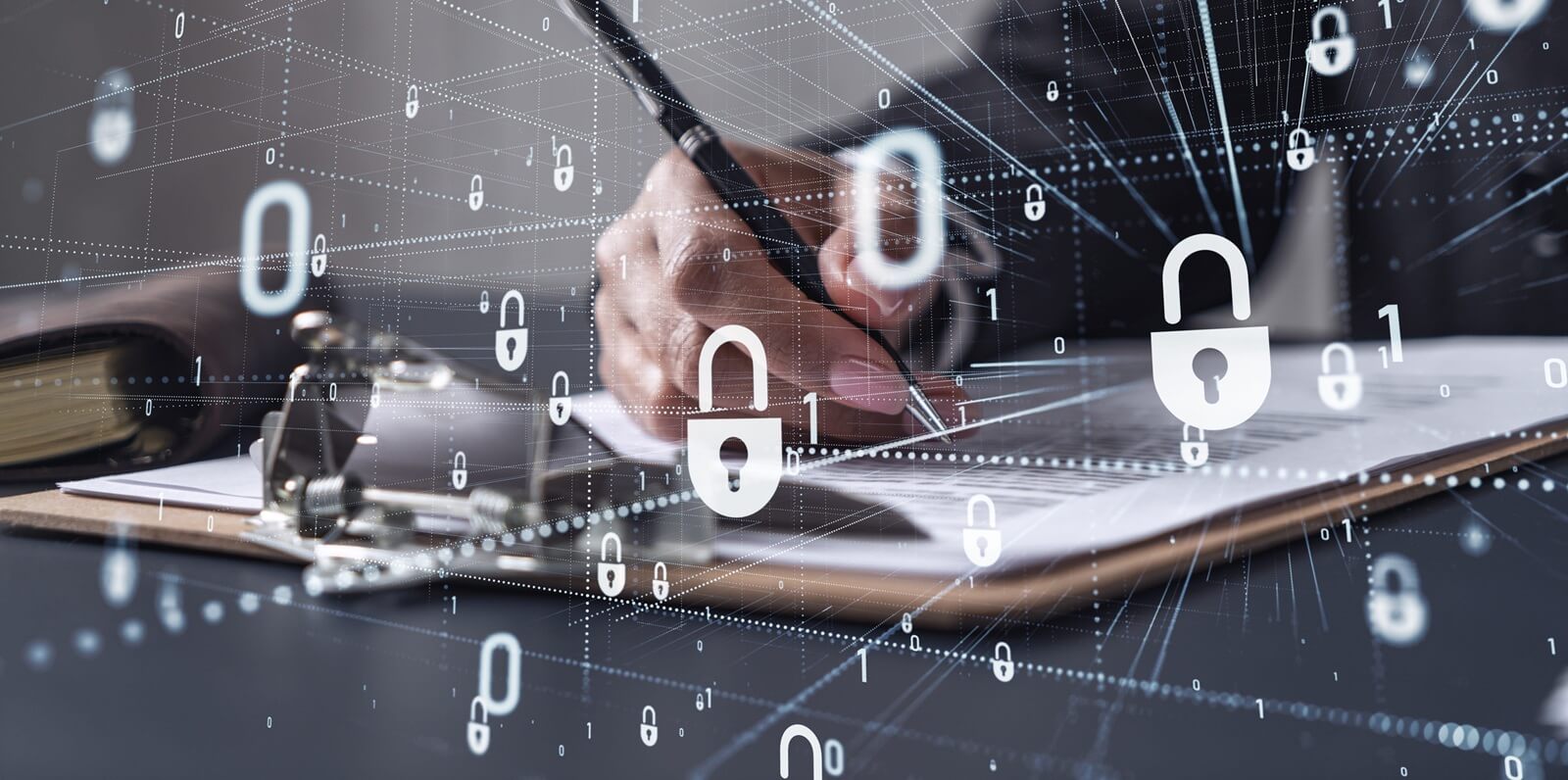 businesswoman in formal wear signing the contract to prevent probability of risks in cyber security