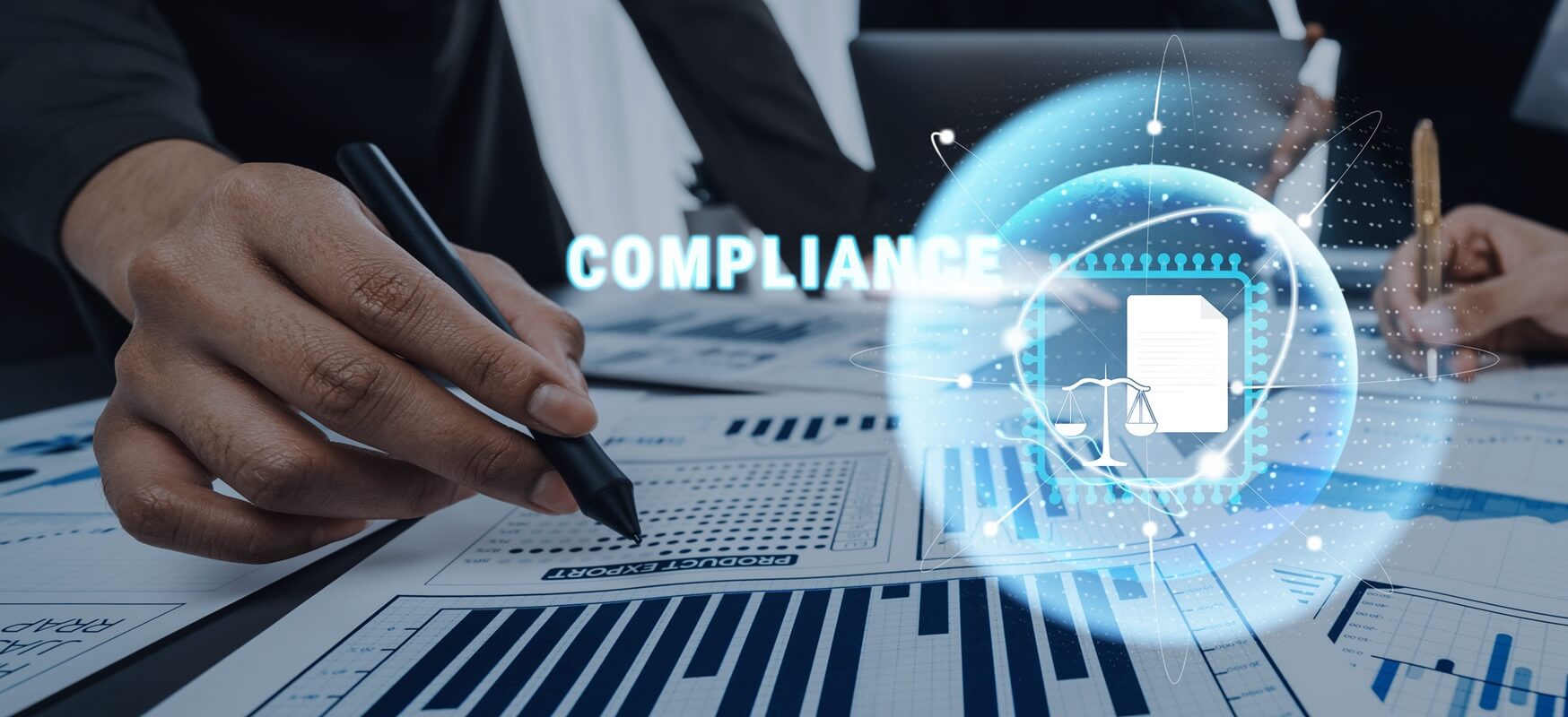 collaborate on financial documents with compliance graphics in a modern office