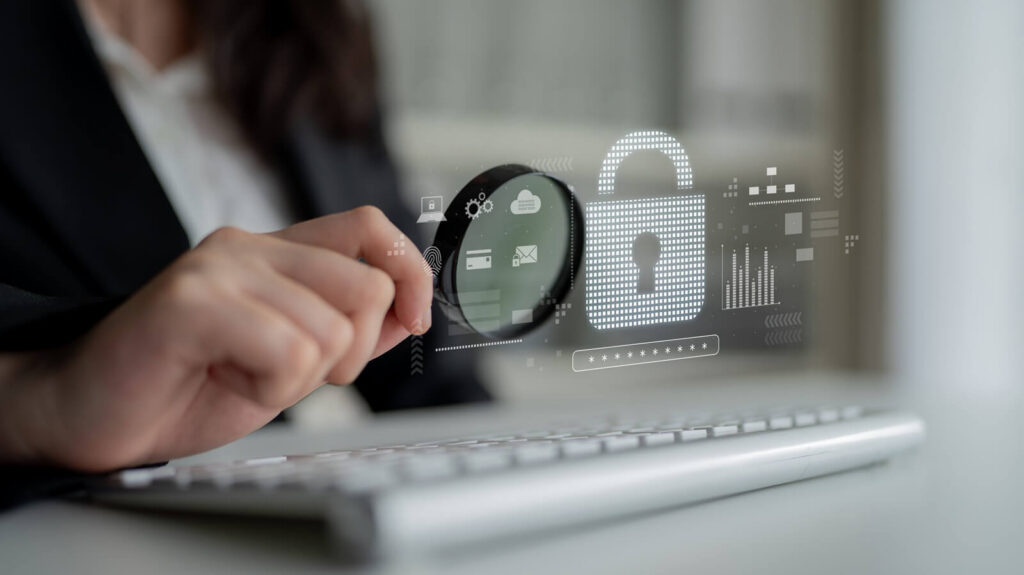 cybersecurity protection system showing password encryption, fingerprint ID, cloud security