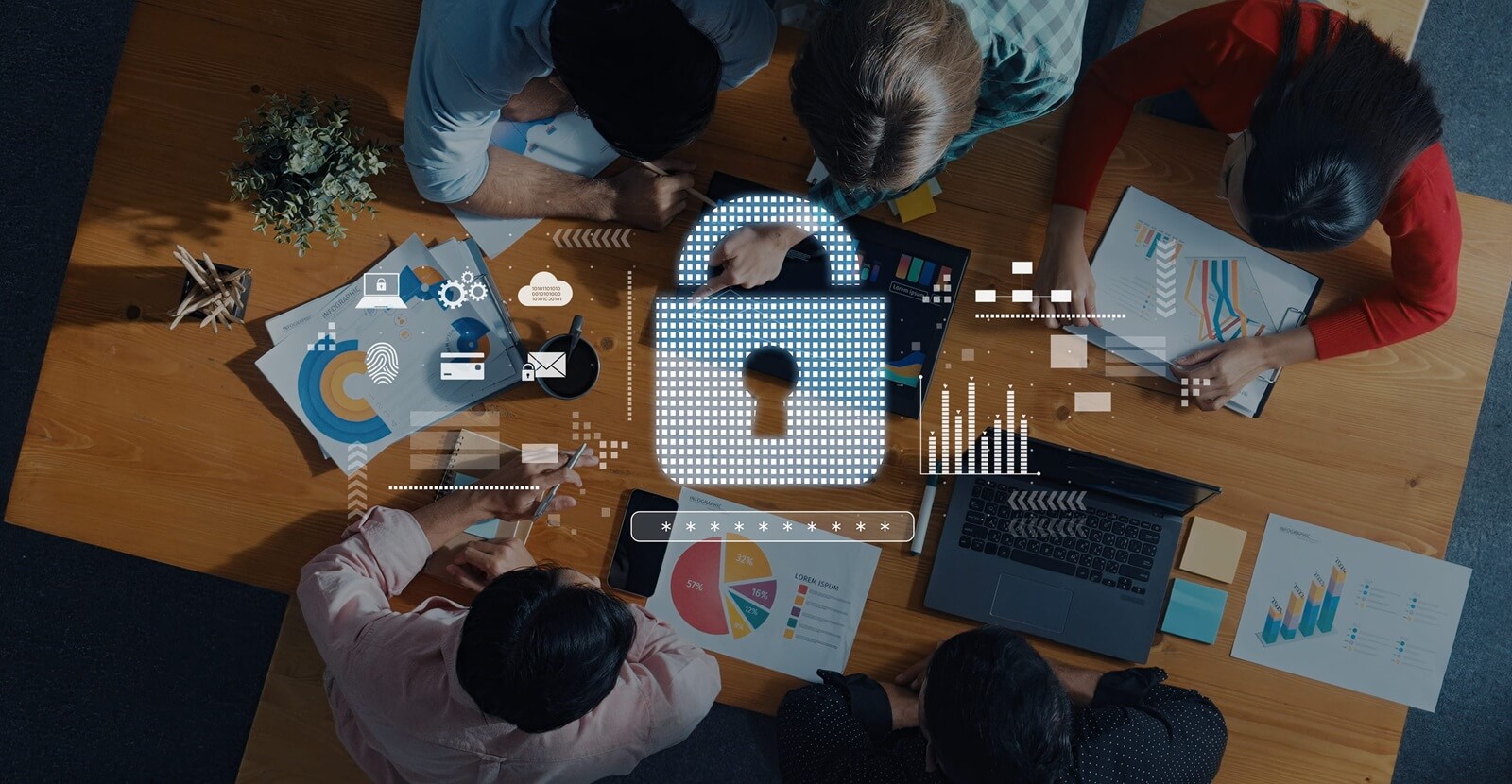 diverse team collaborates on data analysis in an office setting, utilizing charts and graphs