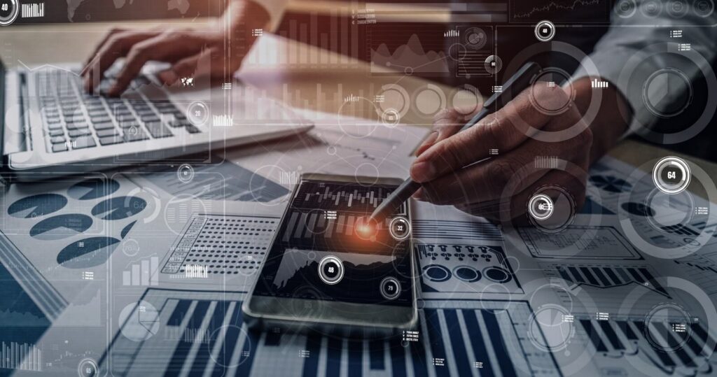 graphic interface shows massive information of business sale report, profit chart and stock market analysis