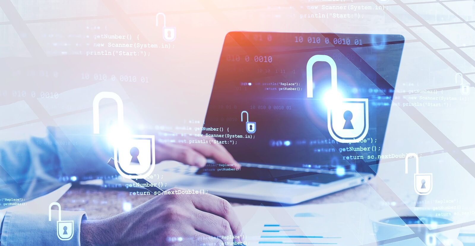 hands of businessman working with laptop in blurry office with double exposure of cyber security interface