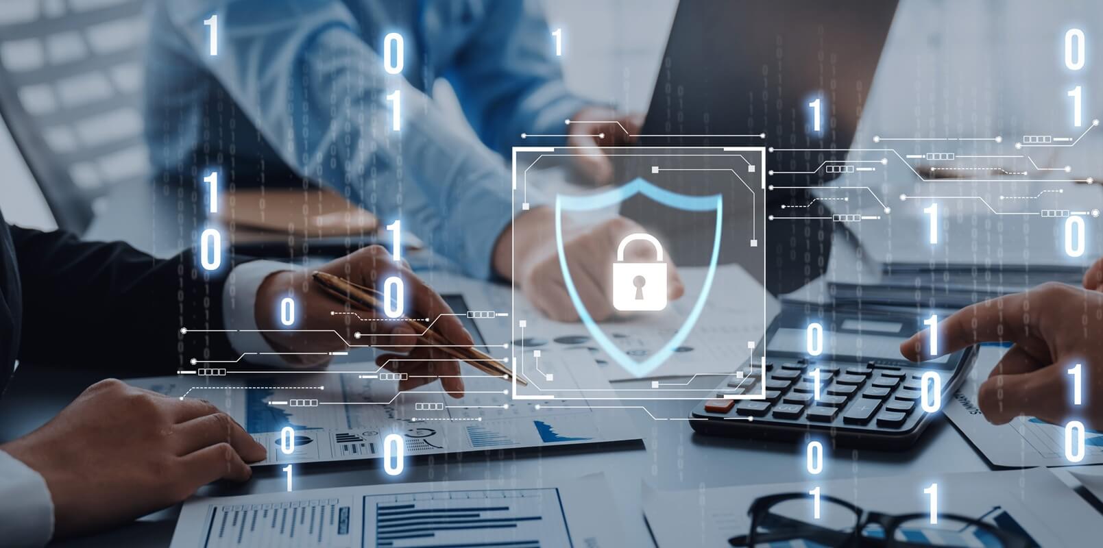 professionals engage in a business meeting focused on cybersecurity solutions