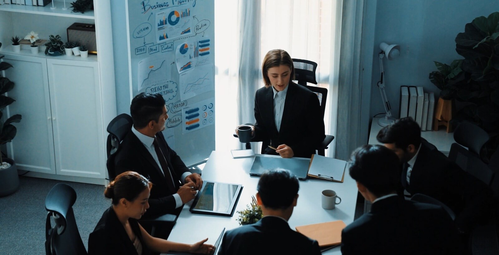 view of smart diverse marketing team prepare for business meeting