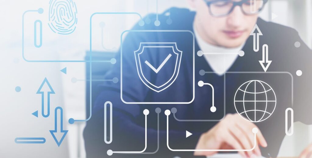 young businessman in glasses working in office with double exposure of futuristic HUD mobile banking interface