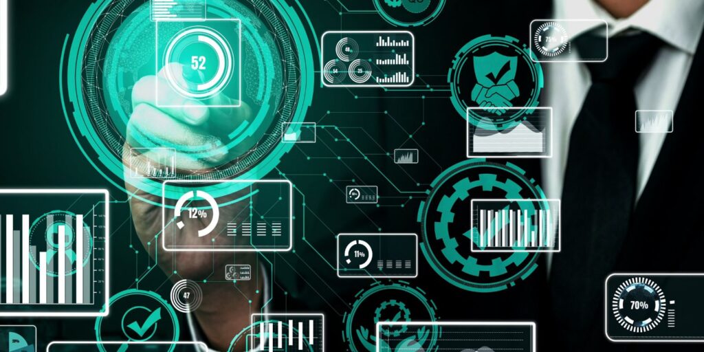 Businessman hand touching virtual screen