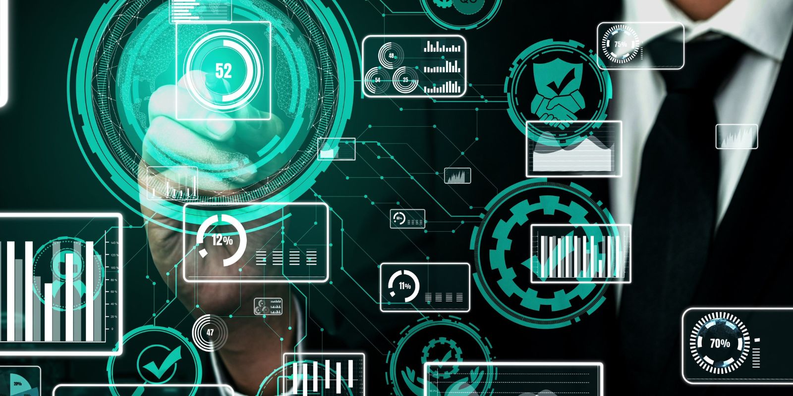 Businessman hand touching virtual screen