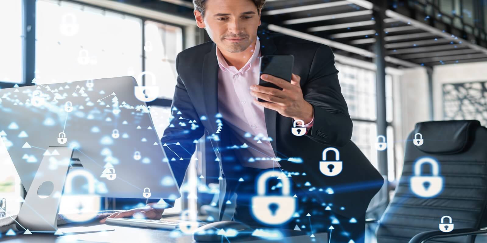 Businessman in suit checking cyber security using smart phone to protect clients confidential information