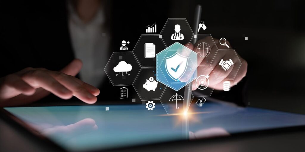 Security Icons and Business Analytics Graphics on a Tablet