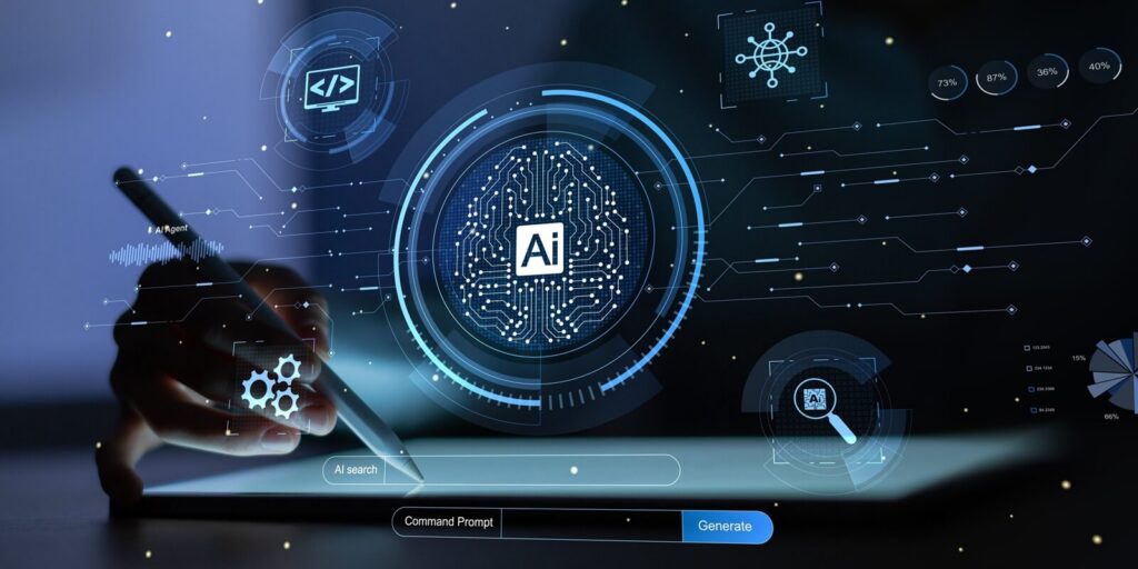 artificial intelligence concept depicting a digital interface with data visualization icons and a human interacting