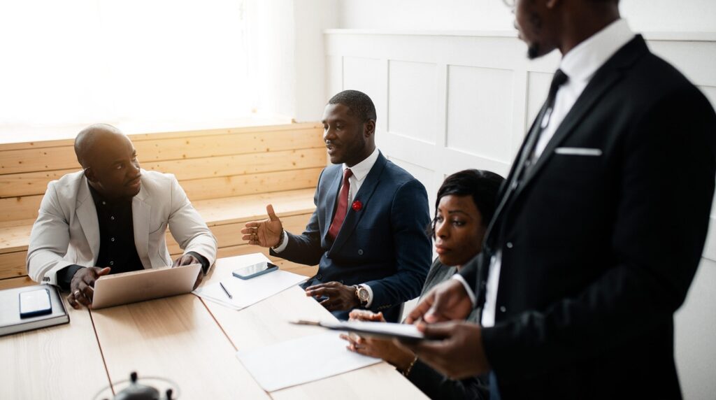 black company representative in a black suit makes a presentation to attract investors to a new startup