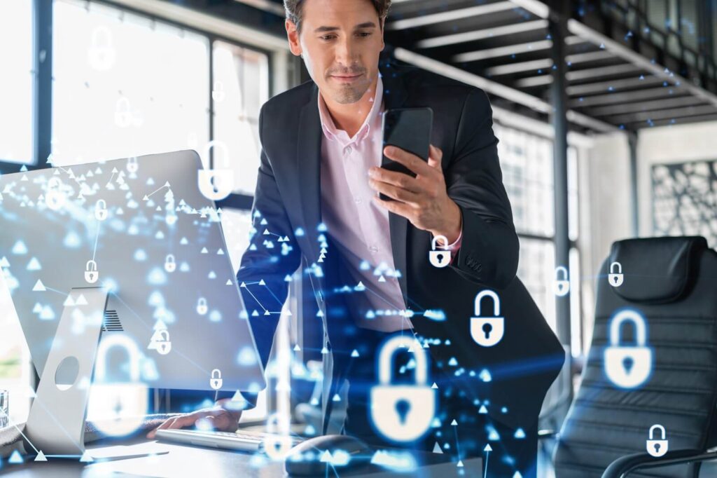 businessman in suit checking cyber security using smart phone to protect clients confidential information