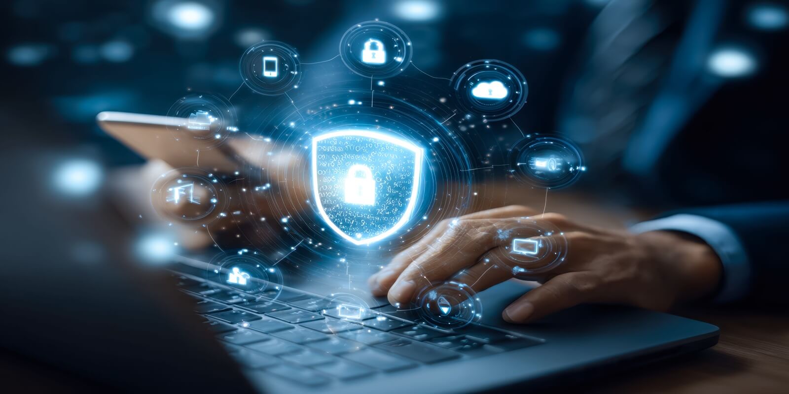 digital interface featuring interconnected lock icons and shield symbols