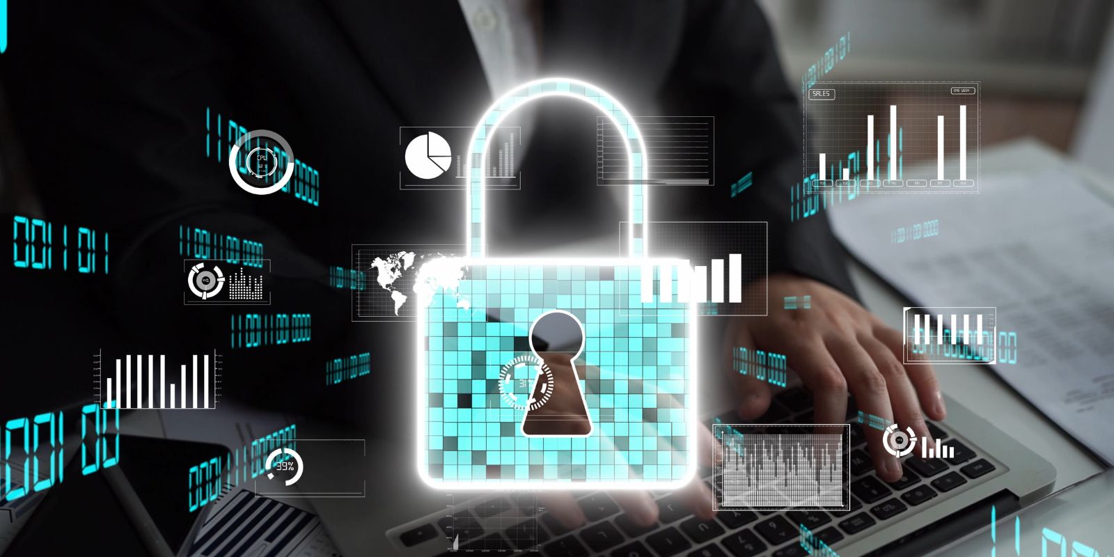 digital lock symbolizing security and privacy in a modern office environment