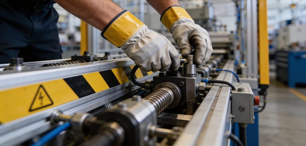 person wearing work gloves and operating intricate equipment within a modern factory setting
