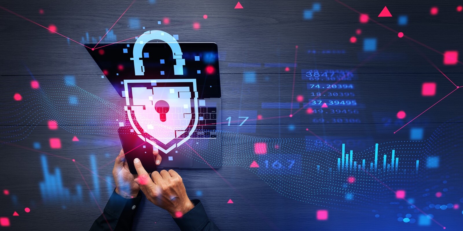 view of businessman holding smartphone and laptop with double exposure of immersive cybersecurity interface lock