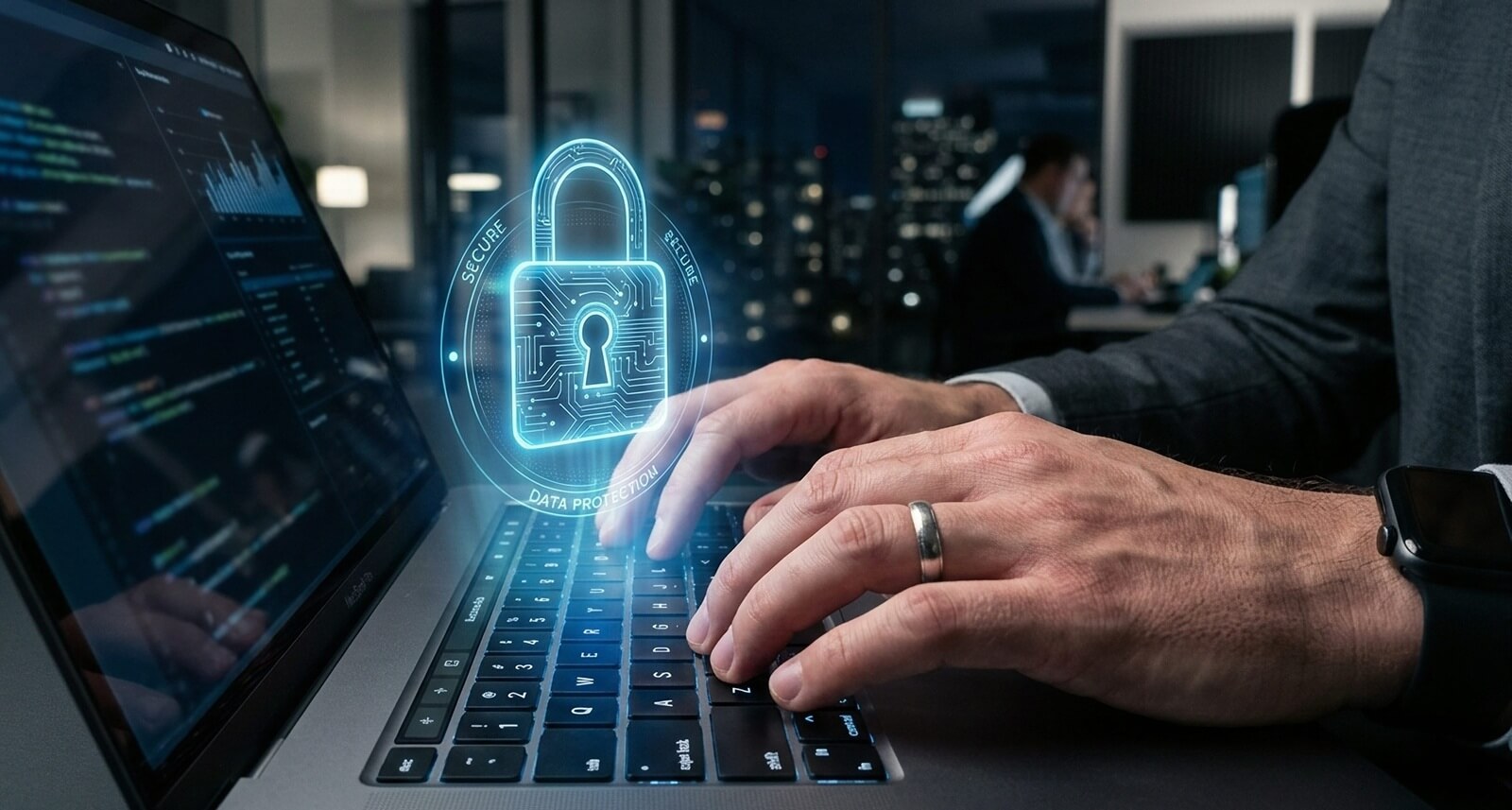 person working on laptop displaying a glowing blue cybersecurity and data protection hologram interface