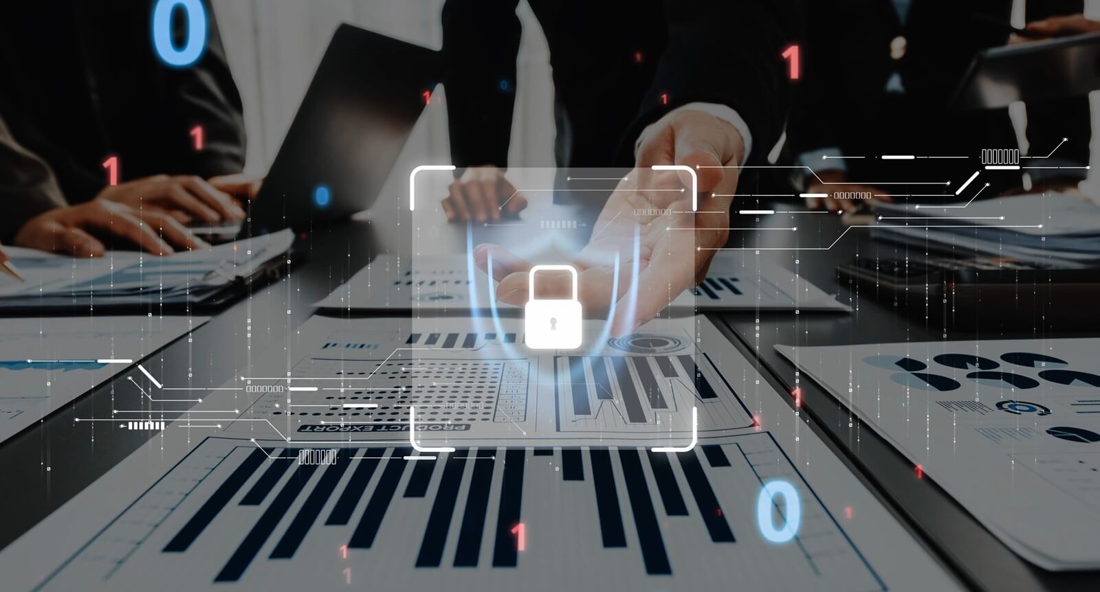 professional setting showcasing data security through a lock symbol overlaying various analytical charts