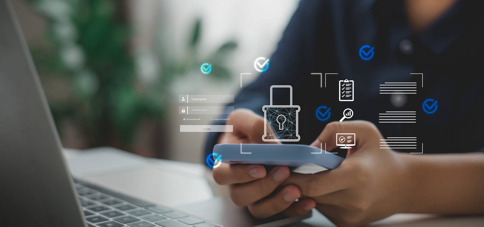 user holding smartphone with cybersecurity login interface, data protection icons, and secure authentication system