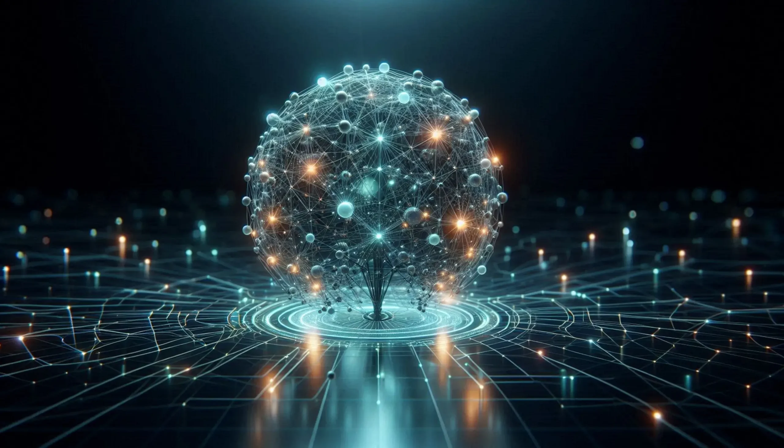 3D rendering of digital sphere with connection lines and dots on dark background