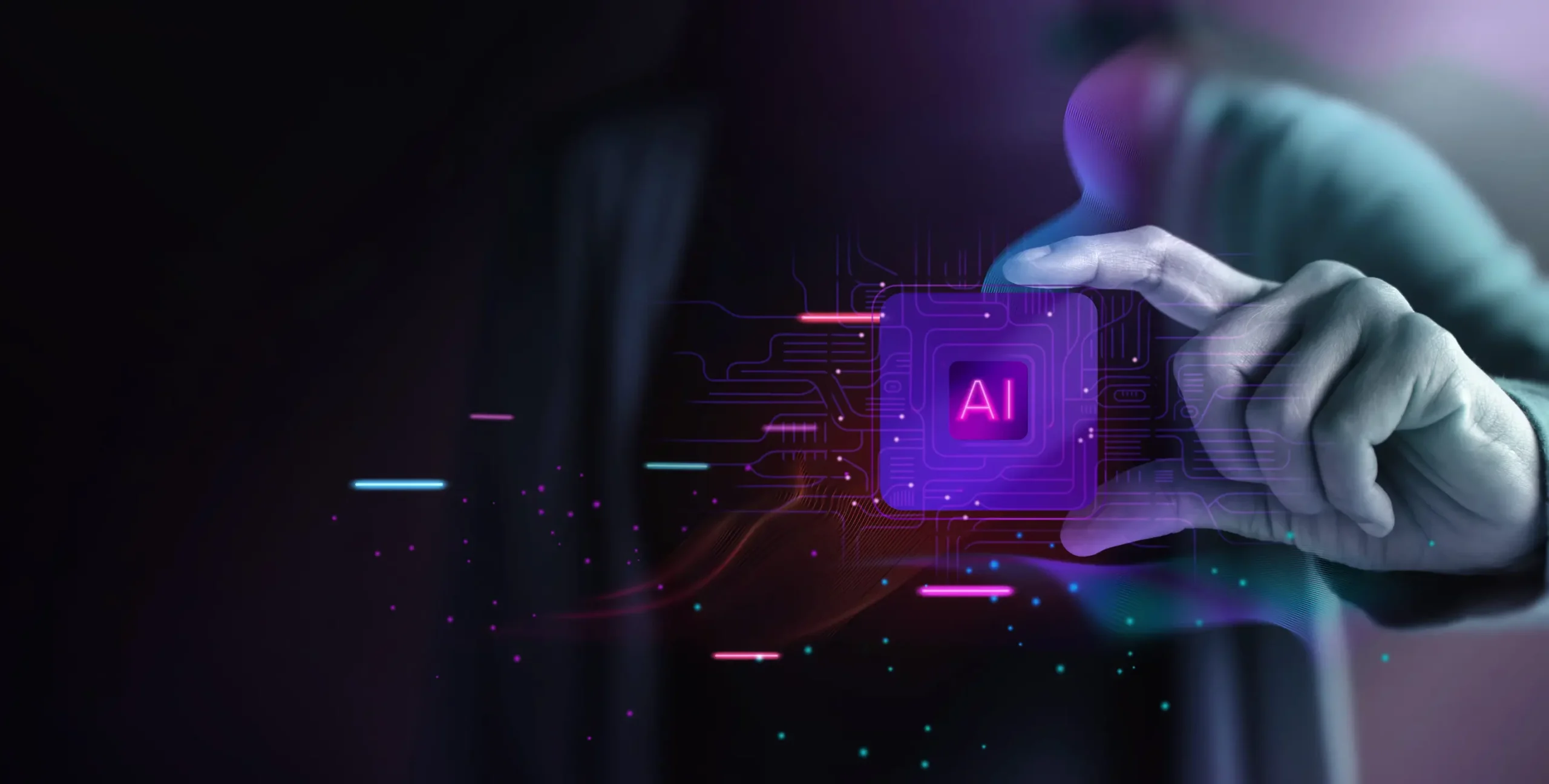 AI chip in hand in a dark tech futuristic themed
