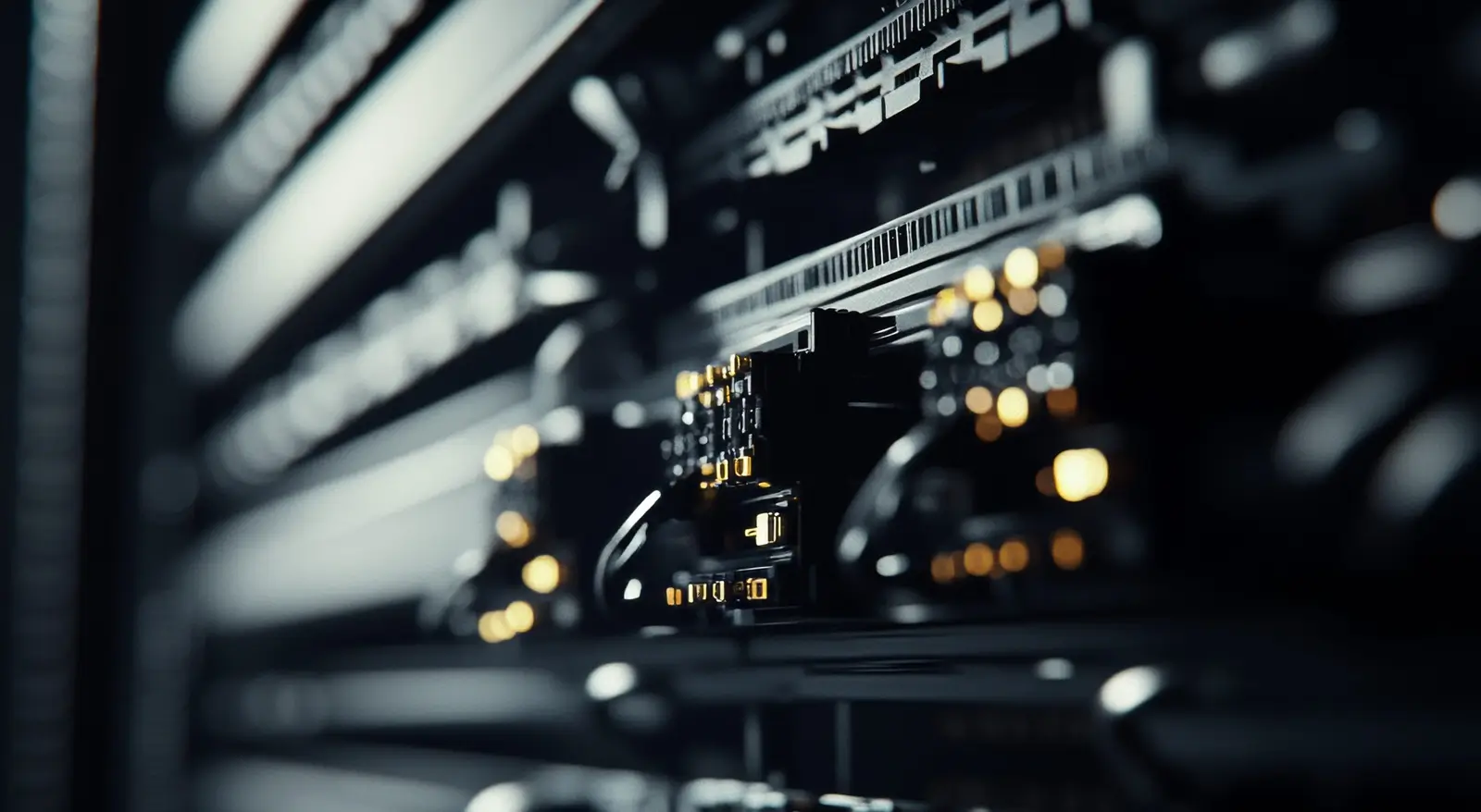 Close up of a black data center server rack filled with hard drives and blurred background