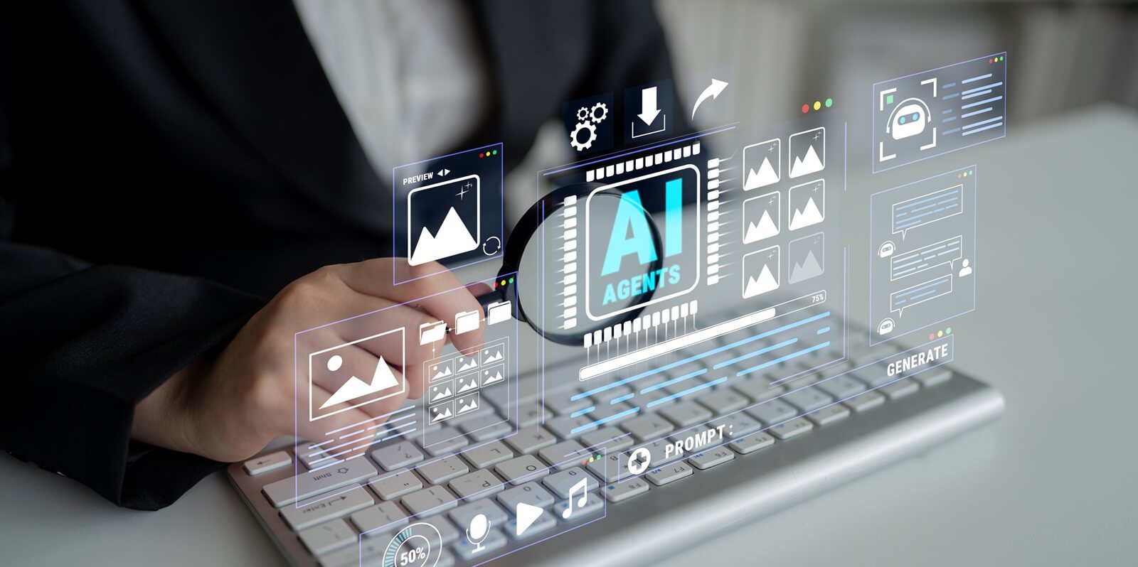 business professional interacts with digital interface showcasing artificial intelligence agents and data analysis on a modern keyboard Quark