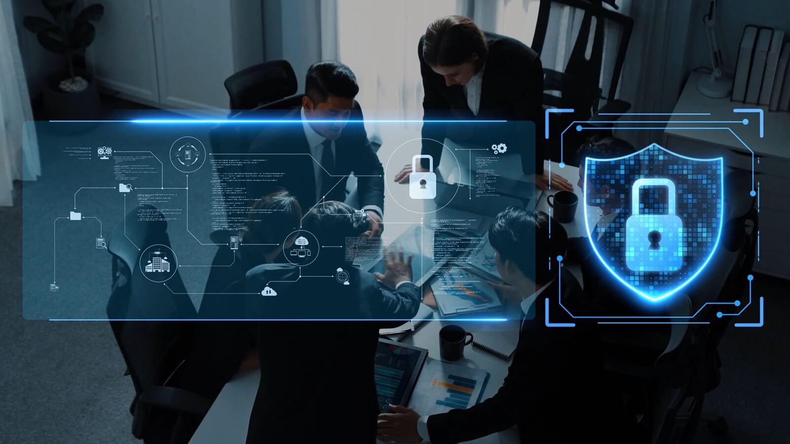 business team collaborates on a cybersecurity strategy in a modern office 