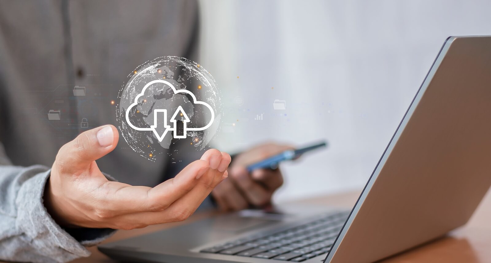 cloud computing shown in hand cloud technology data storage, data transfer, network and internet service concept
